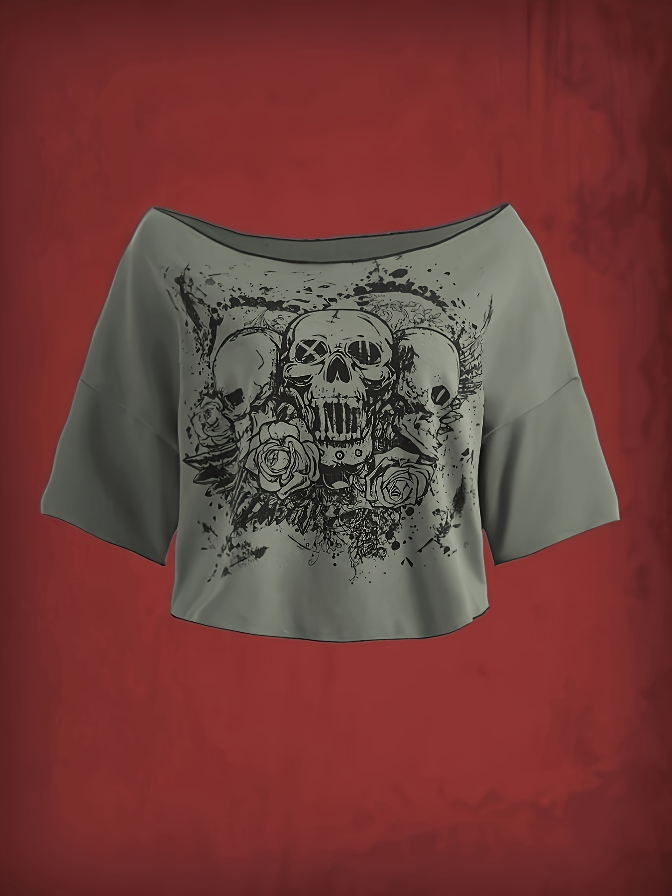 floral skull print slant shoulder t shirt vintage short - Temu
