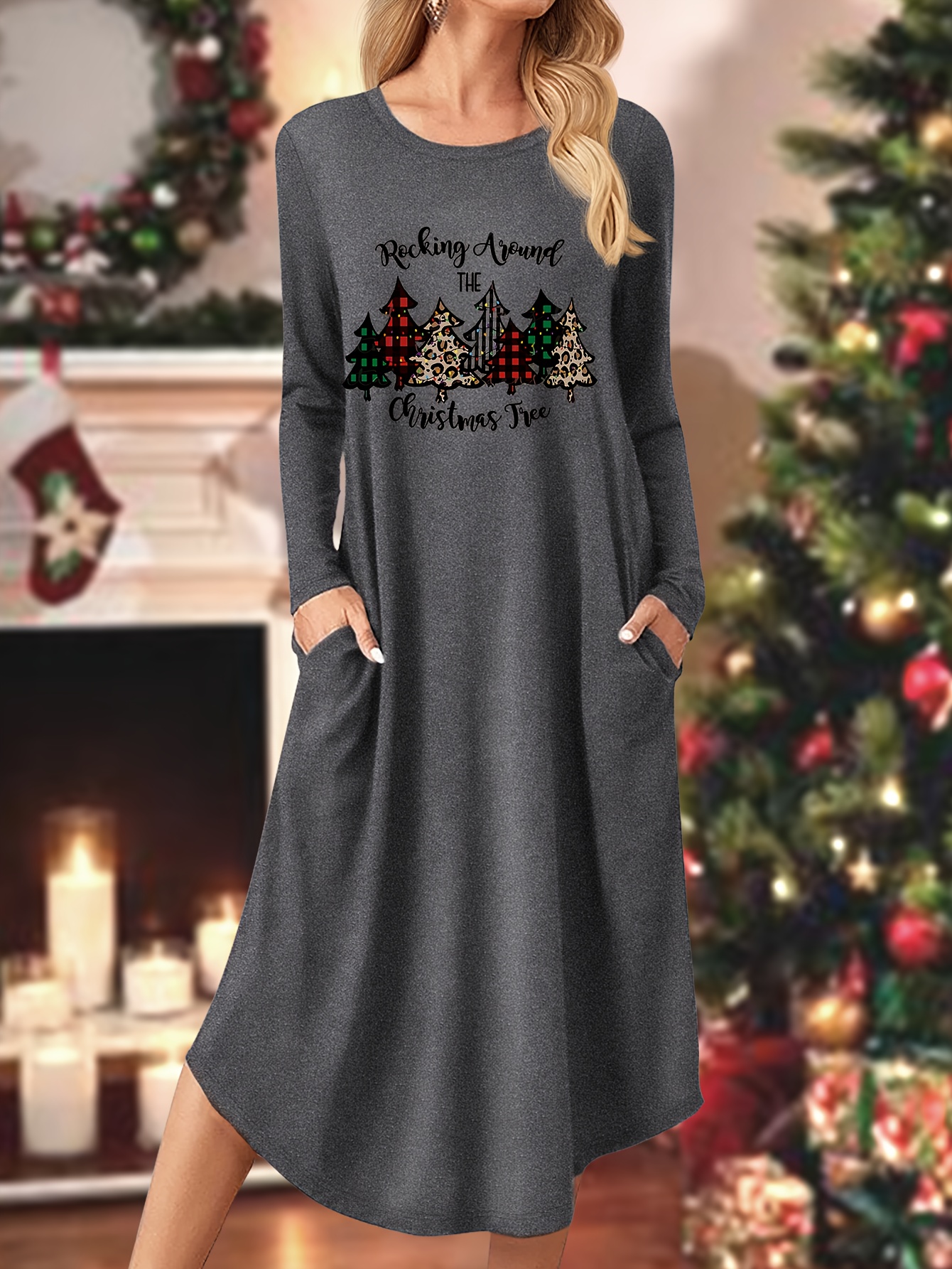 graphic print patched pockets tee dress casual long sleeve - Temu