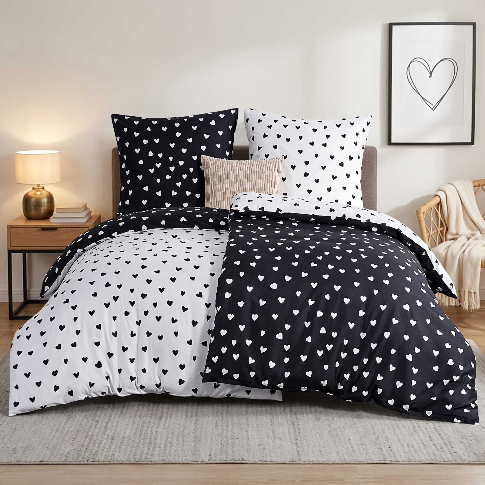 Bedding 135x200cm, 4pcs, Duvet Cover - Bedding 135 X 200cm, Black And White Heart Pattern, With 2 Pillowcases 80x80cm, 2pcs Duvet Cover With Zipper, Non-iron And Soft
