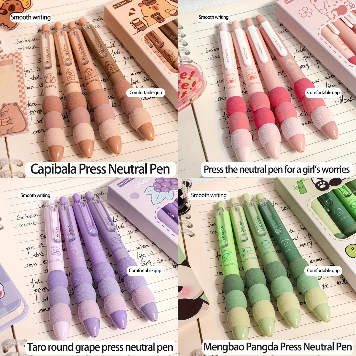 

4-pack Cute Cartoon Retractable Gel Ink Pens, Medium Point 0.5mm, Comfortable Sponge Grip, Smooth Writing For Students And Office