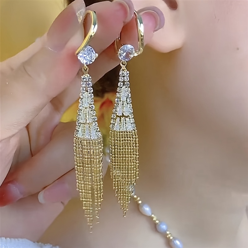 1 pair of heavy duty long tassel earrings with rhombus synthetic synthetic zirconia bridal earrings for womens wedding pendants suitable for dance parties or beauty pageants Product details 3