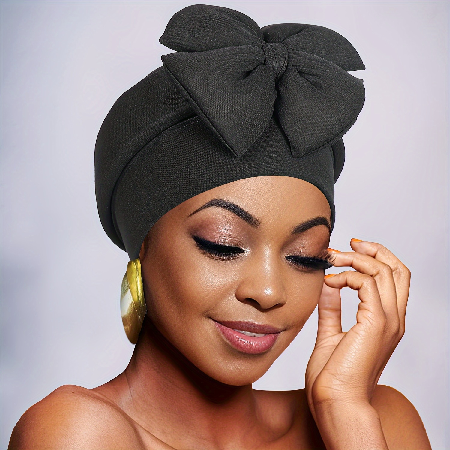 E-shop 1 Schicke Damen-Turbane in afrikanischem Stil - Stilvolle einfarbige Kopftücher mit großer Schleife, elastische Polyester-Chemotherapie-Hüte,