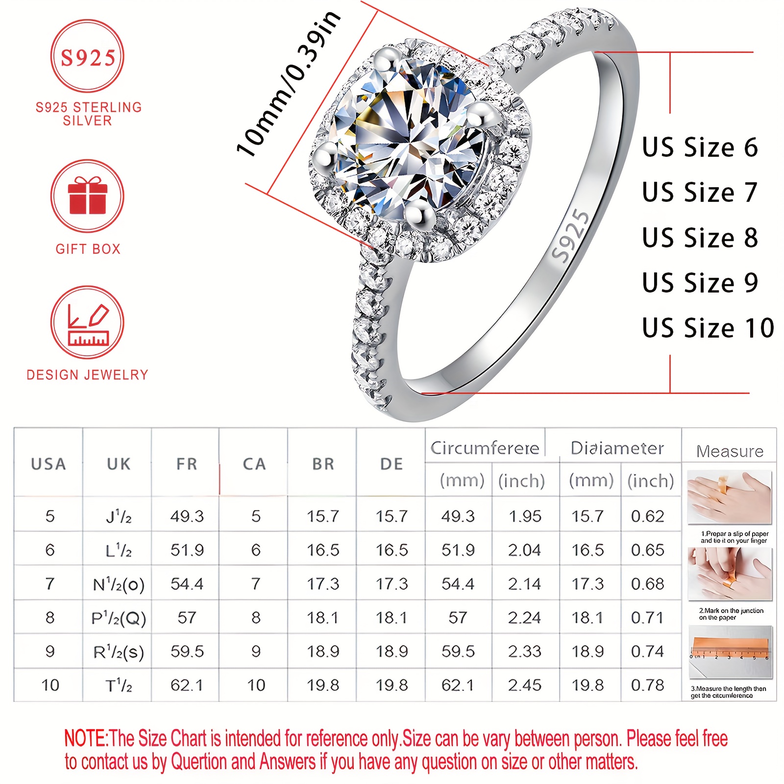 925 Silver CZ Engagement Ring, 4-Prong Setting, No Plating