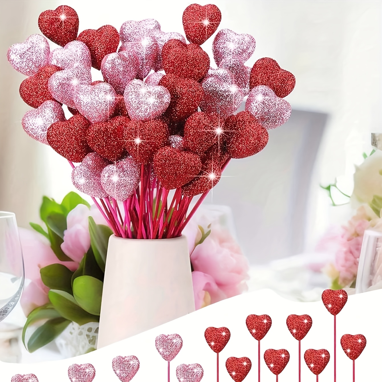 

8pcs/set, Valentine's Day Shiny Rods, Red And Pink Heart-shaped Ornaments For Flower Pots, Used For Bouquet Craft Decorations, Valentine's Day Bouquet Decorations