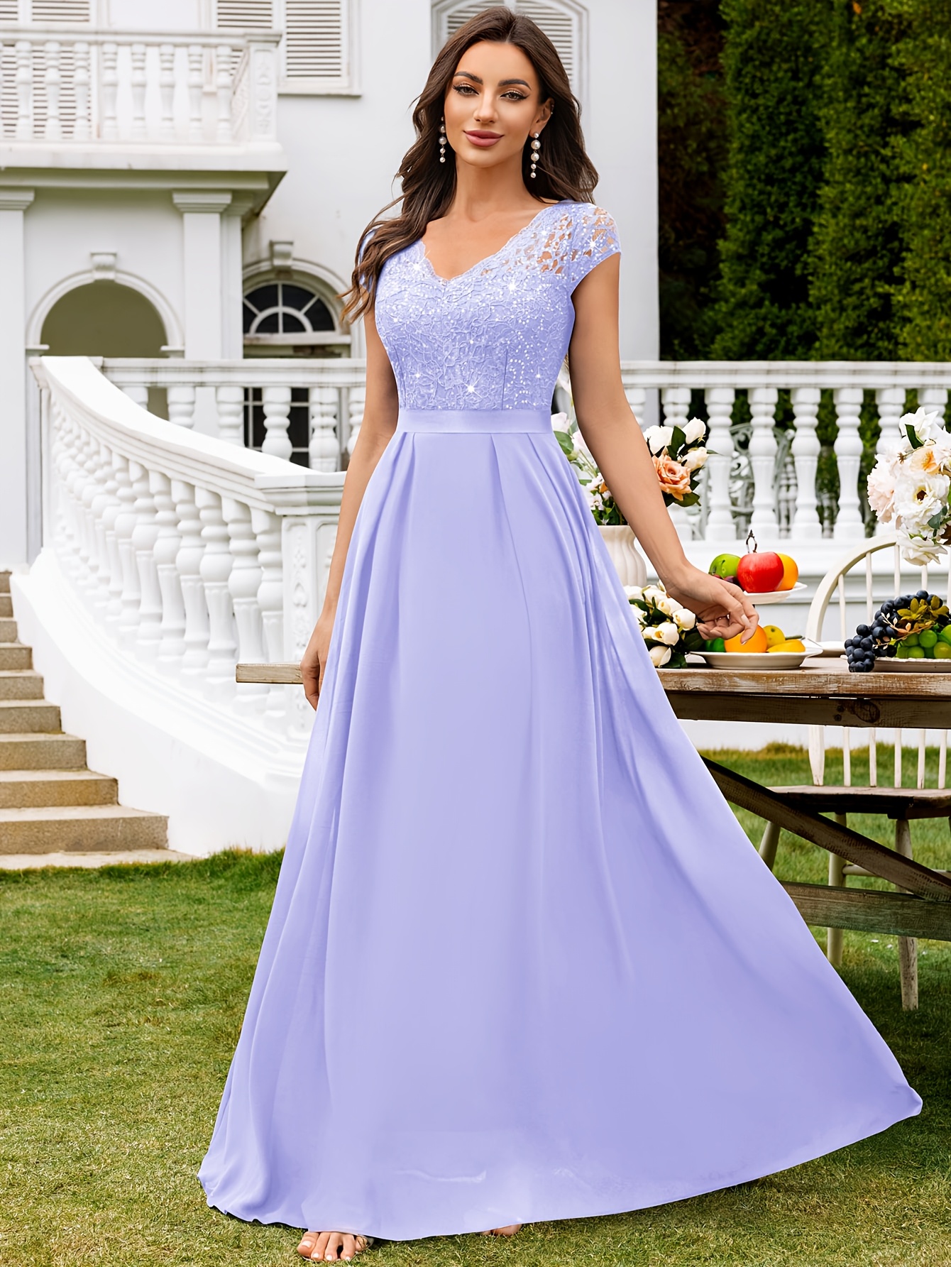 54406a womens elegant sequin lace v neck cap sleeve chiffon - Temu Mauritius
