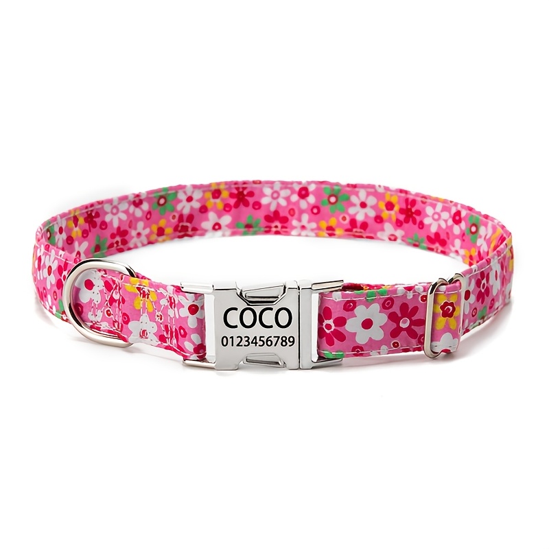 TEMU 1pc Custom Sweet Floral Pet Collar With Engraved Name And Phone Number Id Tag, Adjustable Soft Durable Dog Collar To Prevent Loss - Medium And