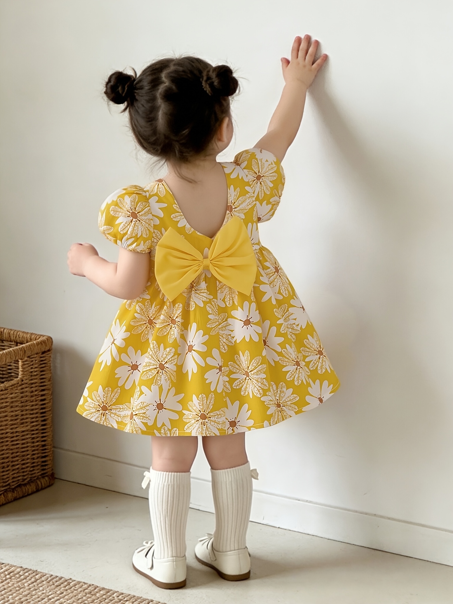 *'s Dress for 9-Months to 3-Years Old, Adorable Bow and Floral Print,  Square Neckline, Puff Sleeves, Comfortable, Stylish, Casual, for Daily Wear  * Outing Outfit, Children's Clothing