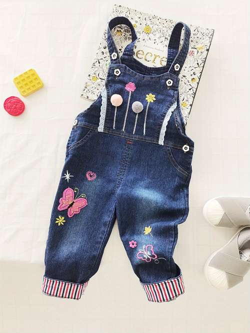 A2Z 4 Kids Girls Denim Dungaree Shorts, Embroidered Roses Stretch Jean Overall Jumpsuit, Black