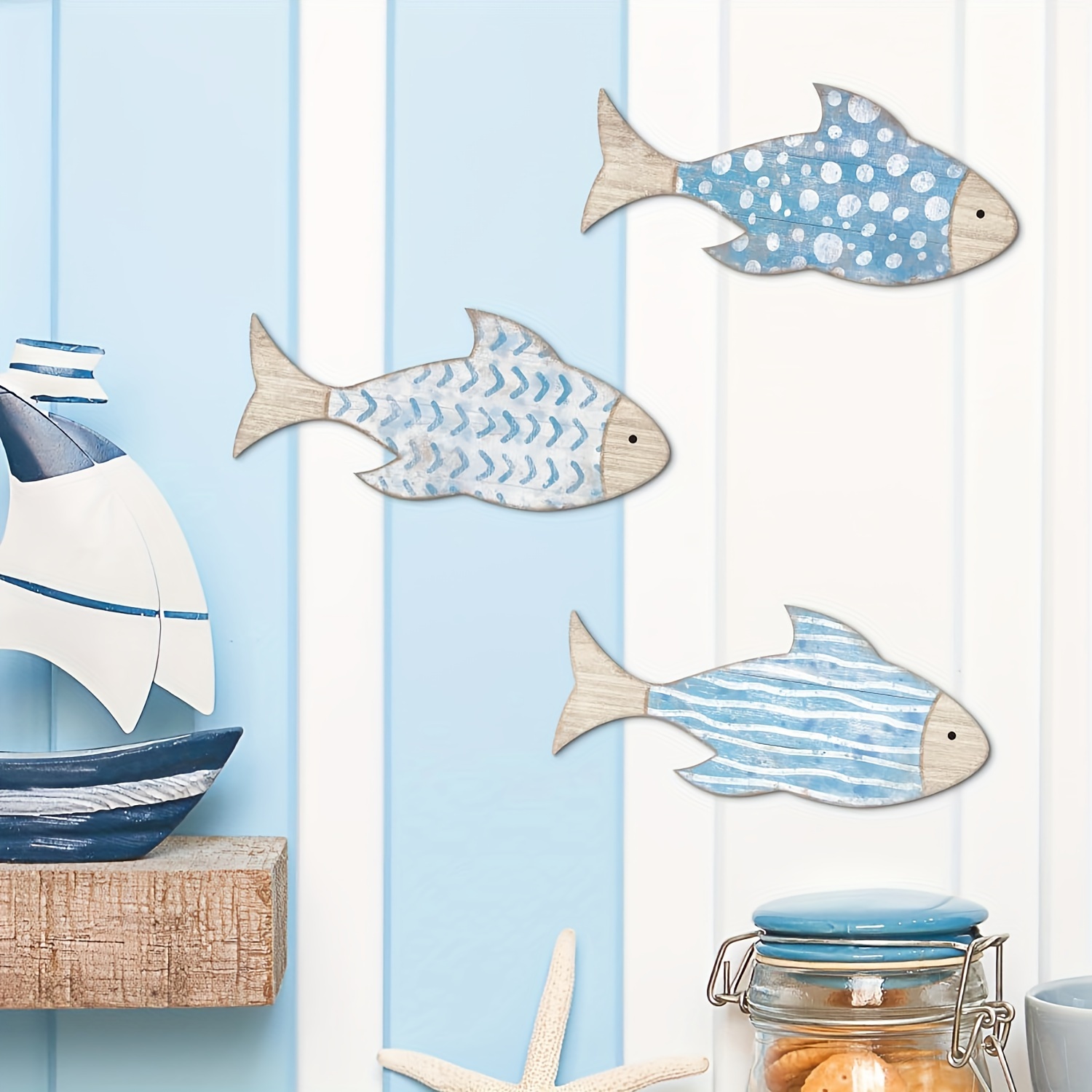 

3pcs, Wooden Fish Wall Decor Beach Nautical Coastal Theme Fish Wall Sculpture Of Fish Wall Art Hanging Lake House Ocean Decor Vintage Ornaments For Home Bathroom Bedroom