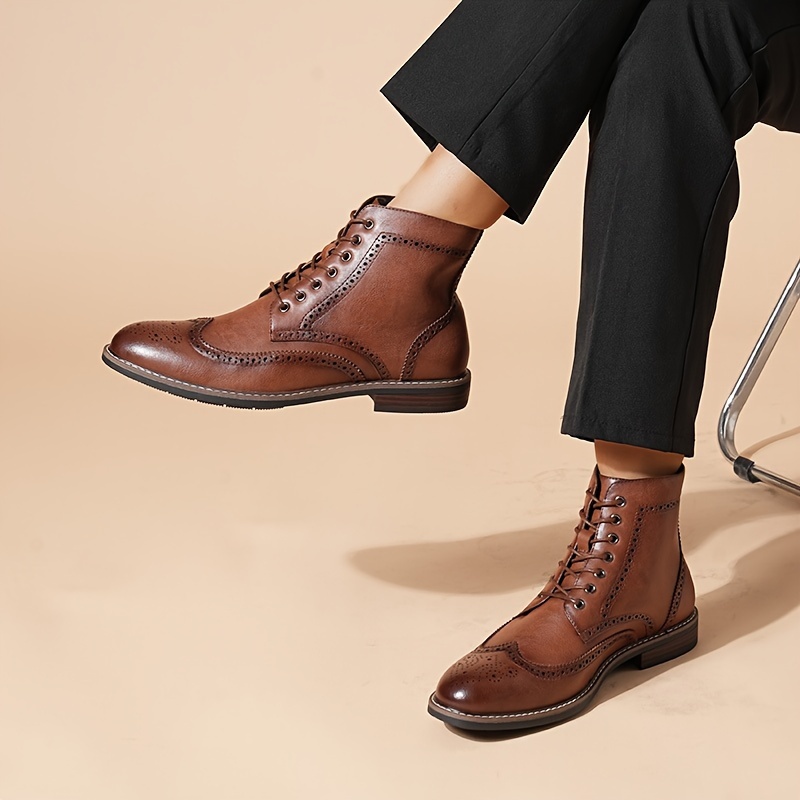 mens lace boots calf high boots wingtip design brogue - Temu display picture 1