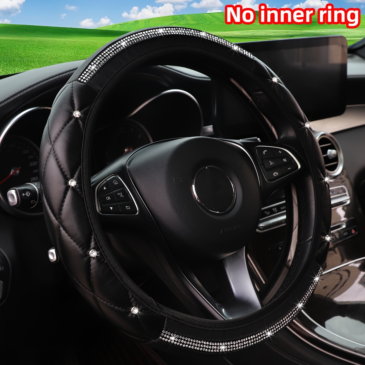 

Luxurious Leather Steering Wheel Cover With 3d Embroidery & Bling Rhinestones - Fit For -15 Inch Wheels, No