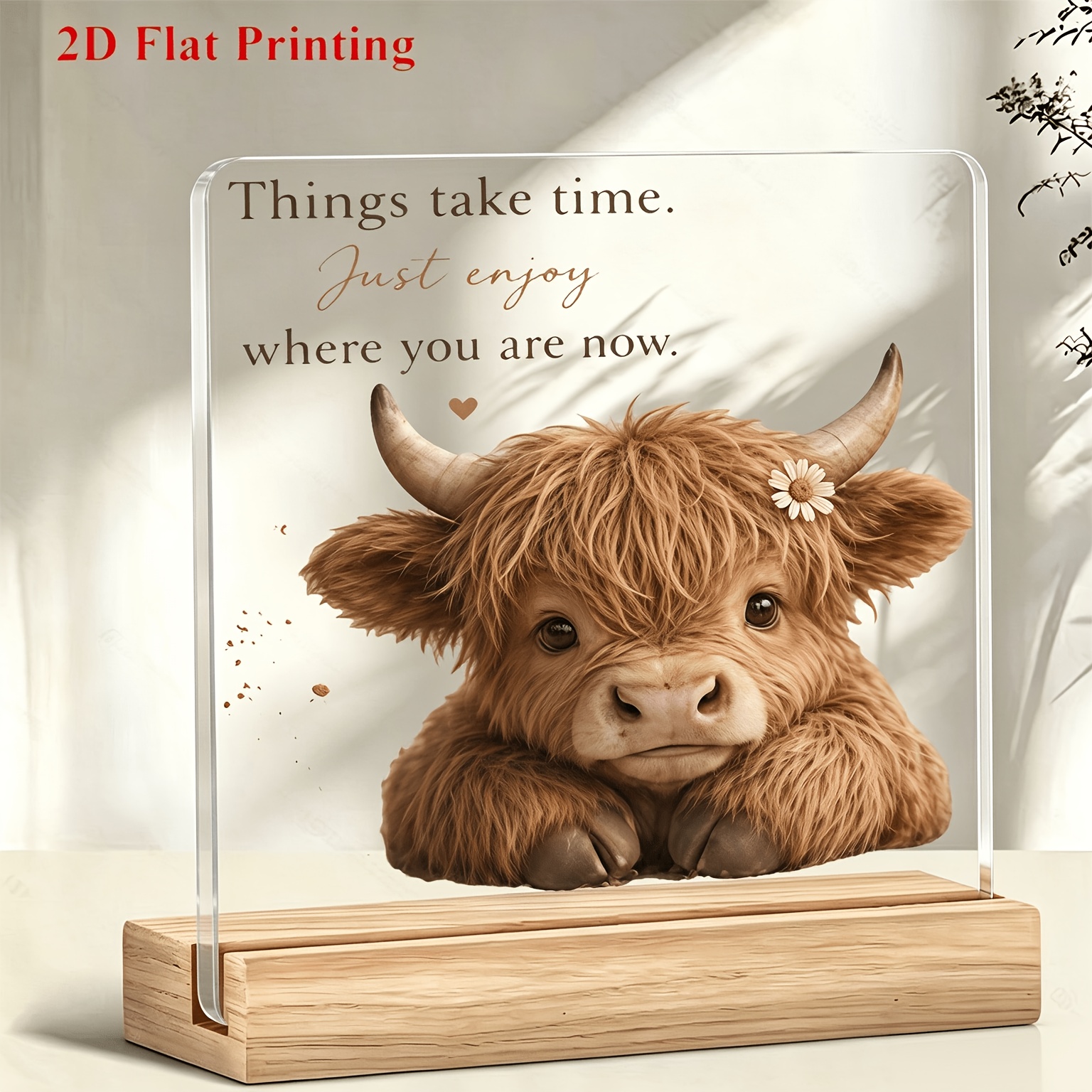 TEMU 1pc Acrylic Bookend Ornament, Cute Highland Cow And Inspirational Text Design, Desktop Decoration, Suitable For Work, Study, Bar , Ideal For