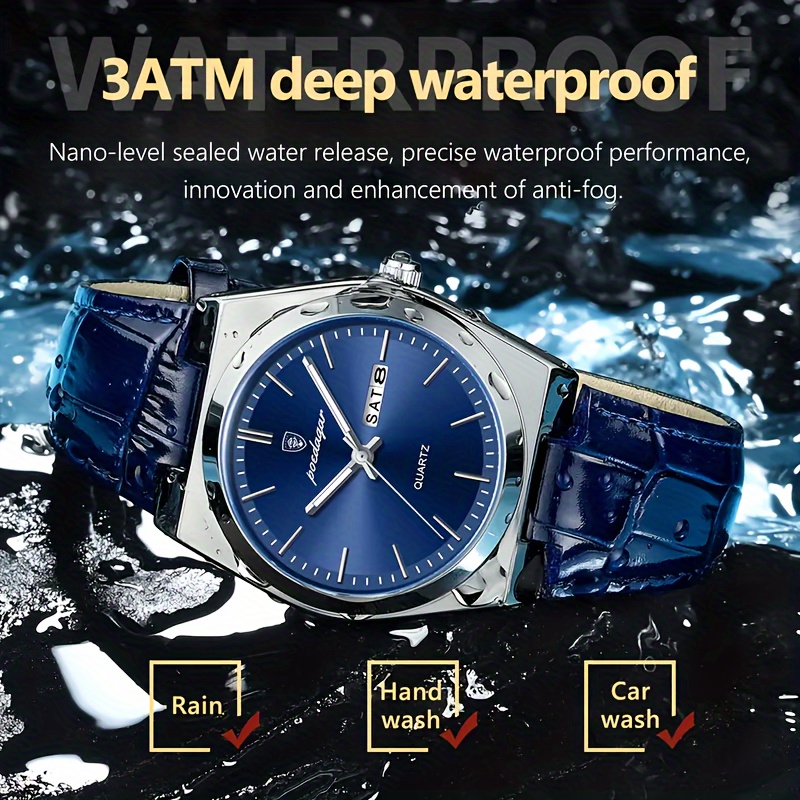 mens quartz   style luminous dial round case with blue pu leather strap date function strong luminescent hands non rechargeable button battery alloy case wristwatch details 4