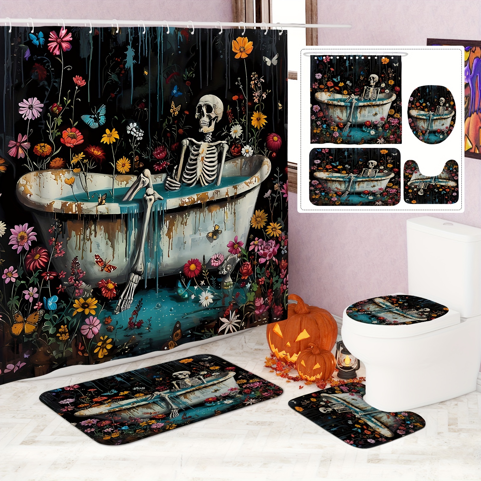 

1/4pcs Halloween Bathtub Curtain Set Curtain And Rugs Polyester For Halloween Bathroom Or Decor 12 Bath Mat Lid Mat