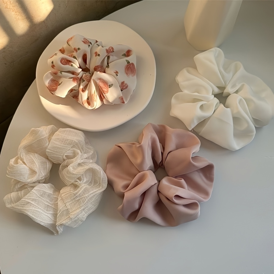 TEMU 4-Pack Vintage Franse Satijnen Haar Elastiekjes met Bloemen, Elegant en Veelzijdig, Geschikt voor Dagelijks Gebruik, Vrije Tijd, Feestjes,