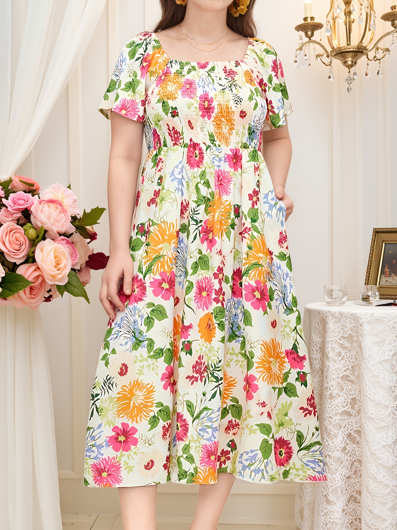 plus size plus size womens floral neck midi - Temu Bahrain