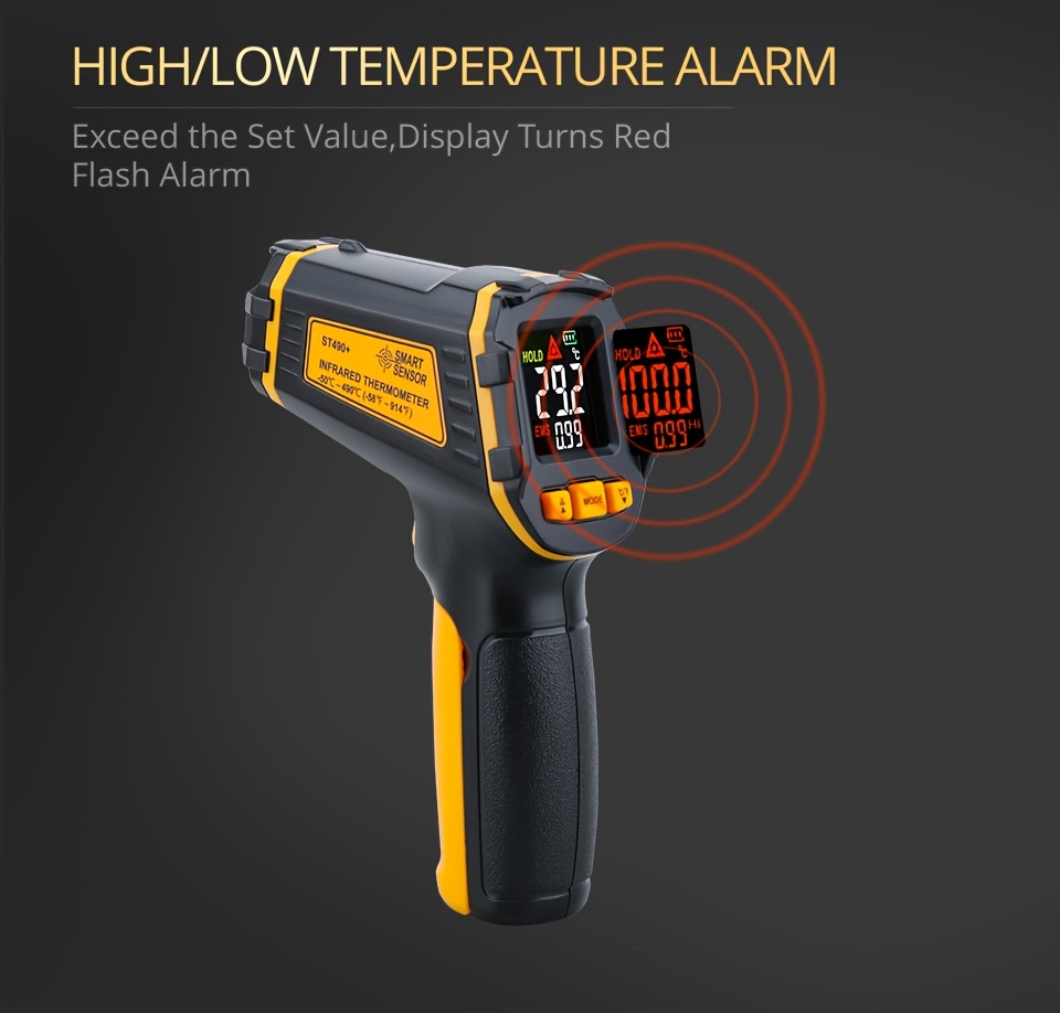 Non-Contact Infrared Thermometer with Humidity Monitor, 50°-490° Measurement Range, Color Screen Alert Function, ABS Plastic, Battery Operated - Ideal for Lab & Field Us
