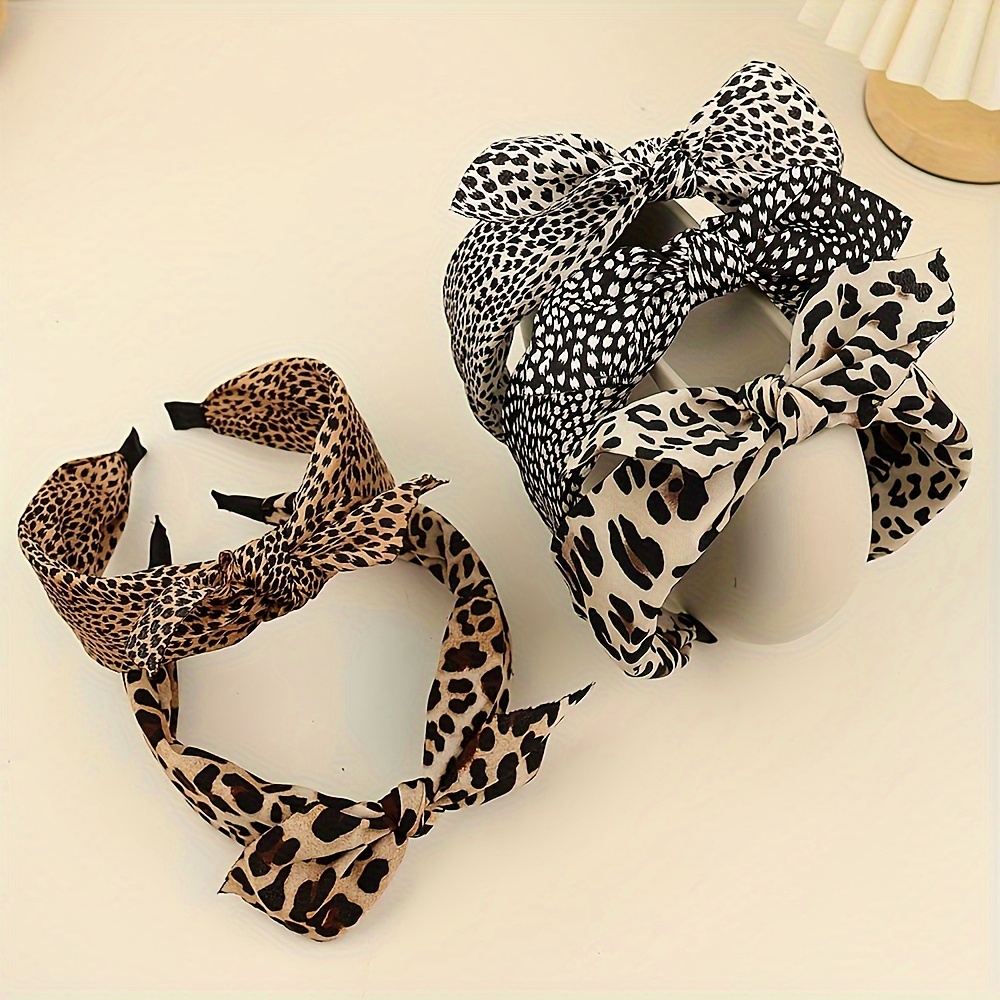 

Elegant Leopard Print Bow Headband For Women - Wide, Knotted Hair Accessory With Fabric Bowknot