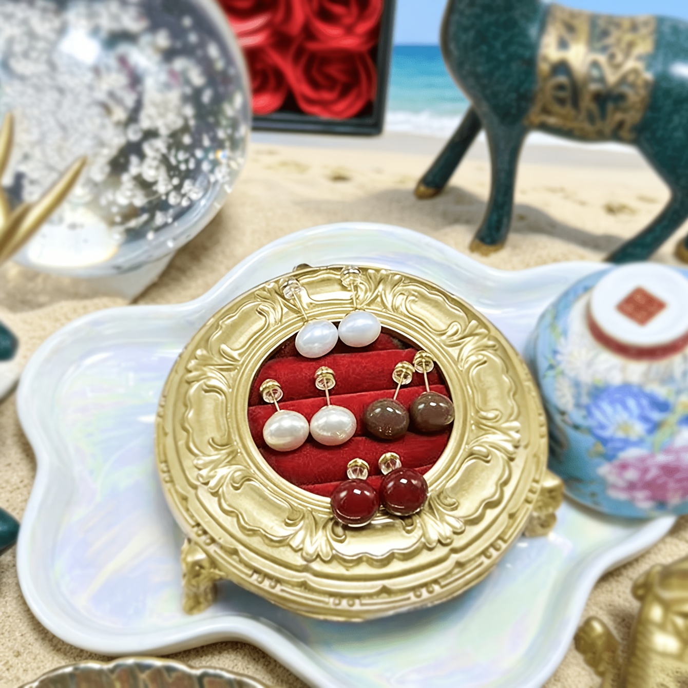 TEMU 4 Pairs, Niche Vintage Versatile Brown Geometric Red Bead Round White Bun Simple Earrings, High-quality Jewelry, Upgraded Fashionable Earrings,
