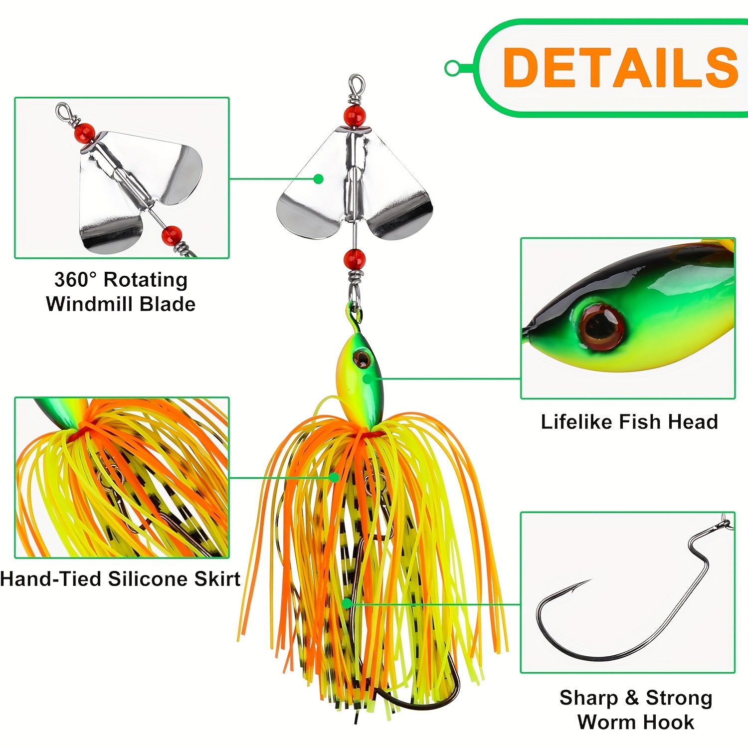 Set of 6 Multicolored Spinnerbait Fishing Lures for Bass, Trout, and Salmon, Suitable for Freshwater and Saltwater