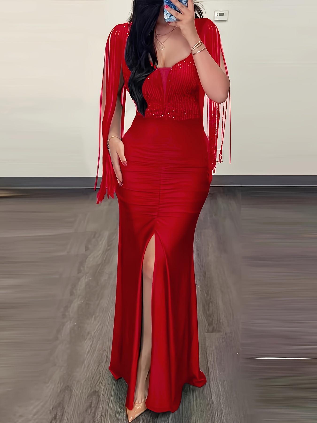 Solid Tassel Trim Bodycon Dress, Elegant Cut Out Back Split Thigh Dress,  Women's Clothing For Party Dressing