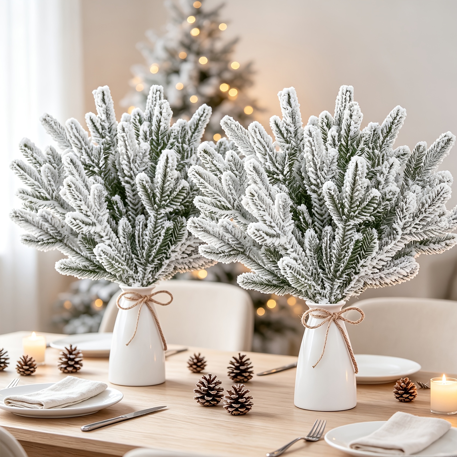 TEMU 12-24-pack Christmas Snowflake Pine Needle Decorations, Simulated Flowers 10-inch Artificial Fake Christmas Picking And Spraying White Filling