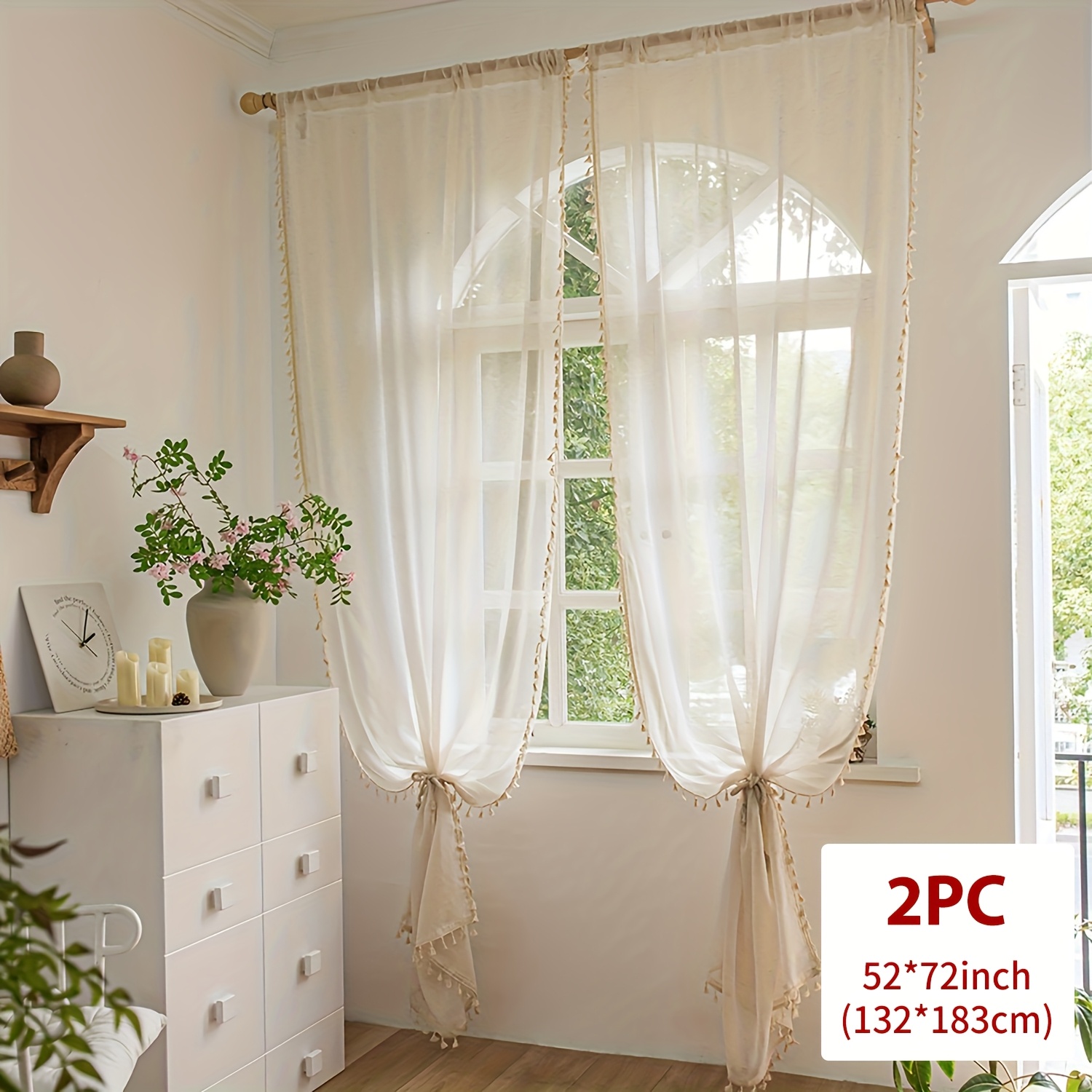 E-shop 1/2 Stücke Böhmische Leinengardinen, Lichtfilternd, mit Stangen--Design, geeignet für Wohnzimmer, Schlafzimmer, Balkon, rustikale Heimdekoration
