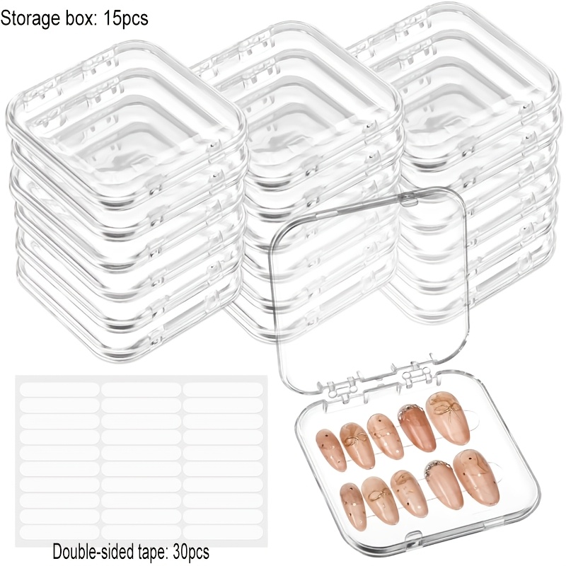 Image of 15pcs Press On Nail Storage Box With 30pcs Adhesive Double Sided Tape Nail Packaging For Press Ons Presses On Nails Container For Fake Nailes Storage Case Nails Business