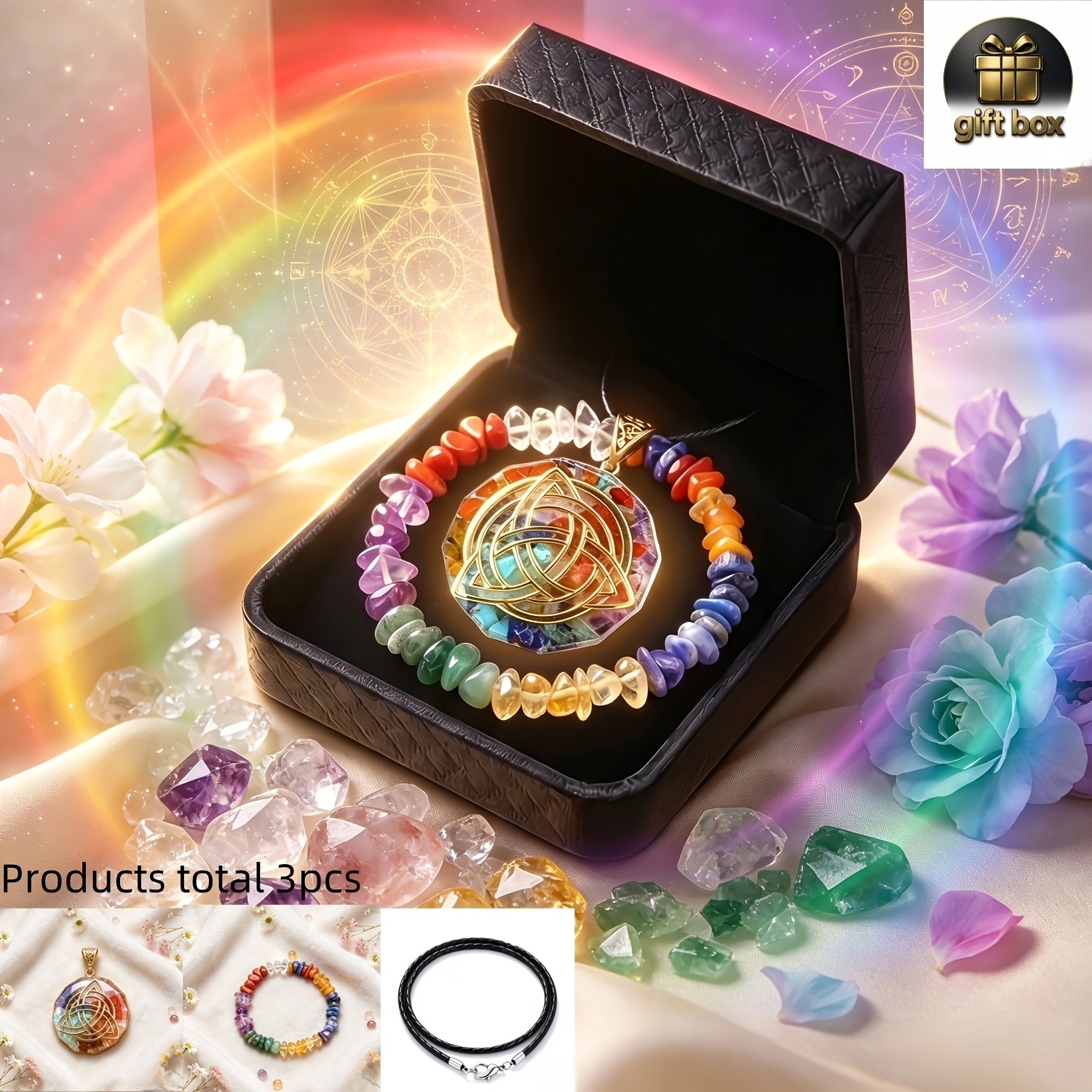 TEMU Juego de 3 piezas de piedra natural de los - Collar con colgante de nudo celta bohemio y pulsera de piedra triturada, adecuado para meditación,