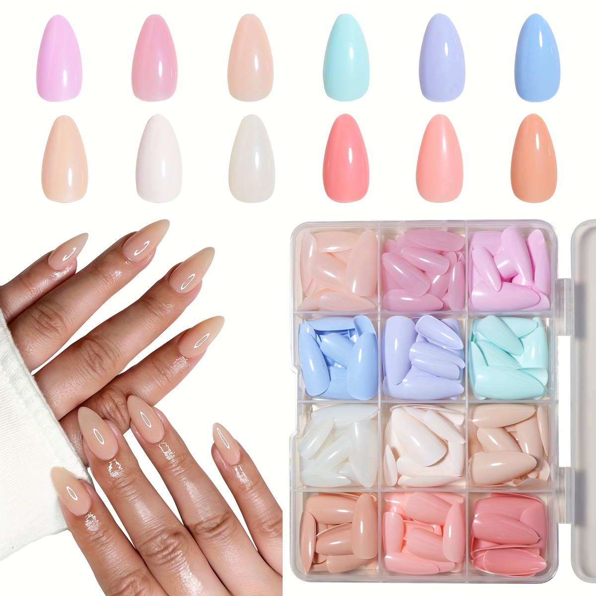 

500 Pieces Almond Shape False Nails Set, Spring Warm Color Series, Full Cover Artificial Nail Tips With Assorted Sizes In 12-grid Organizer Box, Diy Manicure Salon-style Fake Nails For Nail Art Design
