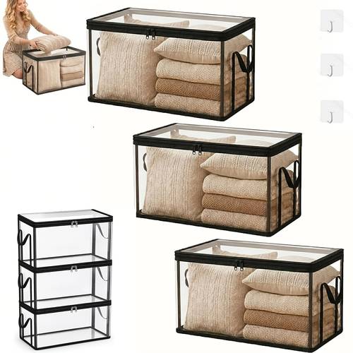 2 4 6pcs set large transparent thickened plastic storage boxes with hooks hinged lids large capacity book and clothing storage space saving design for office and for easy viewing book storage boxes