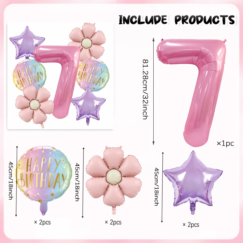 TEMU 7pcs Set - Birthday Background Decoration Balloon Set, Including 32-inch Foil Balloons 0-9, Light Flower Heads With "happy Birthday" And Star