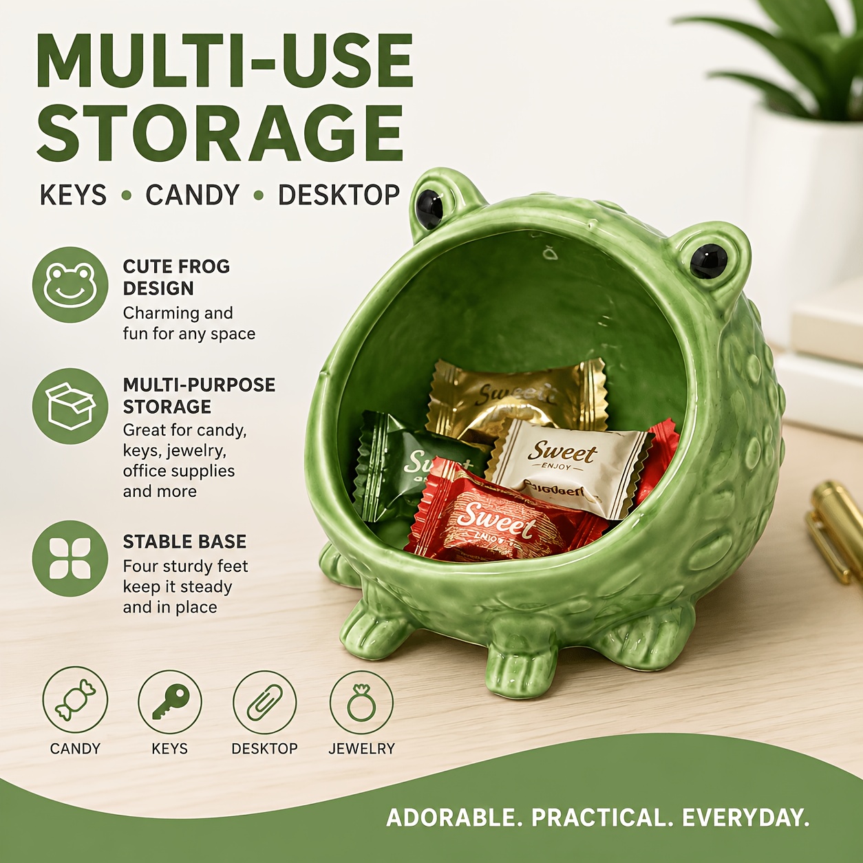TEMU Cute Frog Ceramic Storage Bowl, Key Holder & Candy Dish, Multifunctional Desktop Organizer For Entryway, Jewelry, Snacks, Small Items & Home