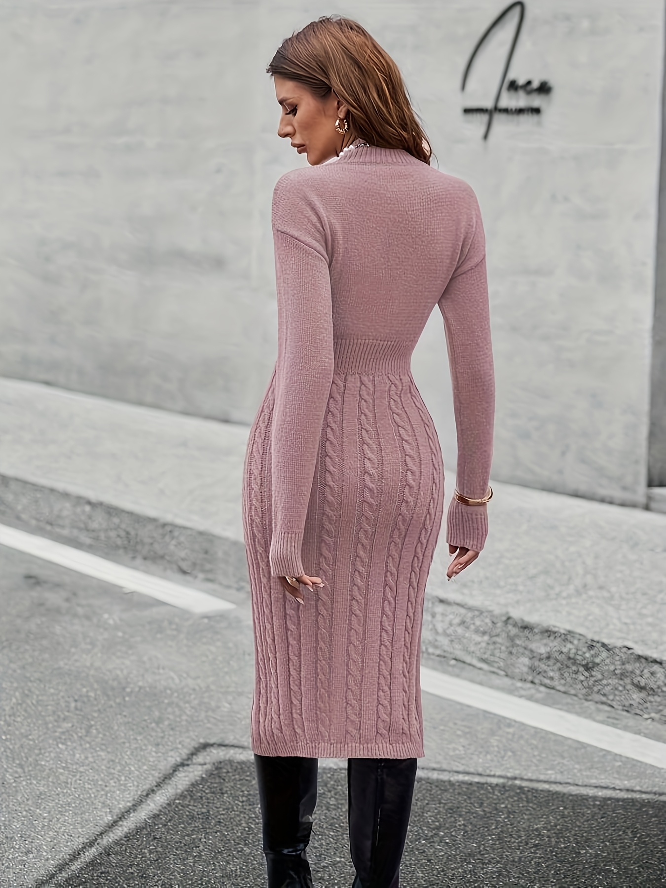 2025 autumn winter new style dress long sleeve solid color - Temu