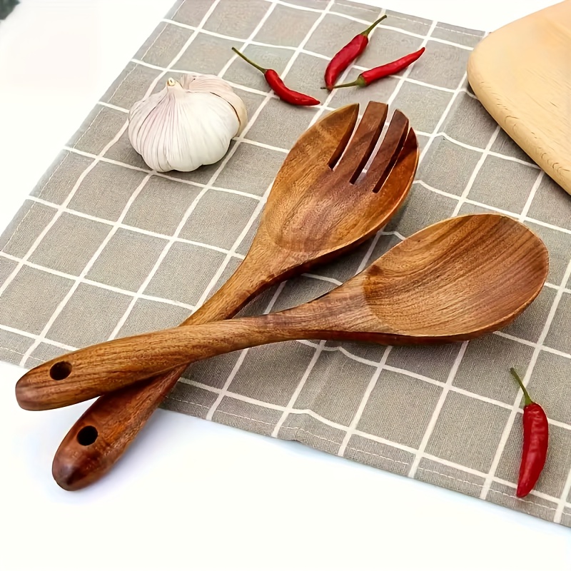 E-shop Zweiteiliges Holz-Salatlöffel- Gabelset, Premium Teakholz-Besteckset, ideal zum Rühren, Servieren für den täglichen Gebrauch in der Küche