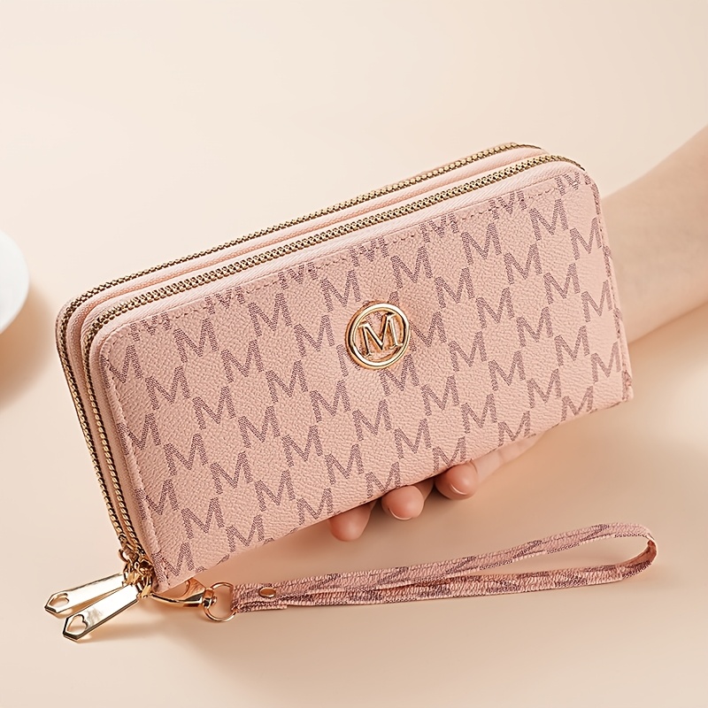TEMU Clutch de poignet double fermeture éclair de luxe pour femmes, portefeuille pour femmes, sac à main avec logo en métal doré, porte-telephone de