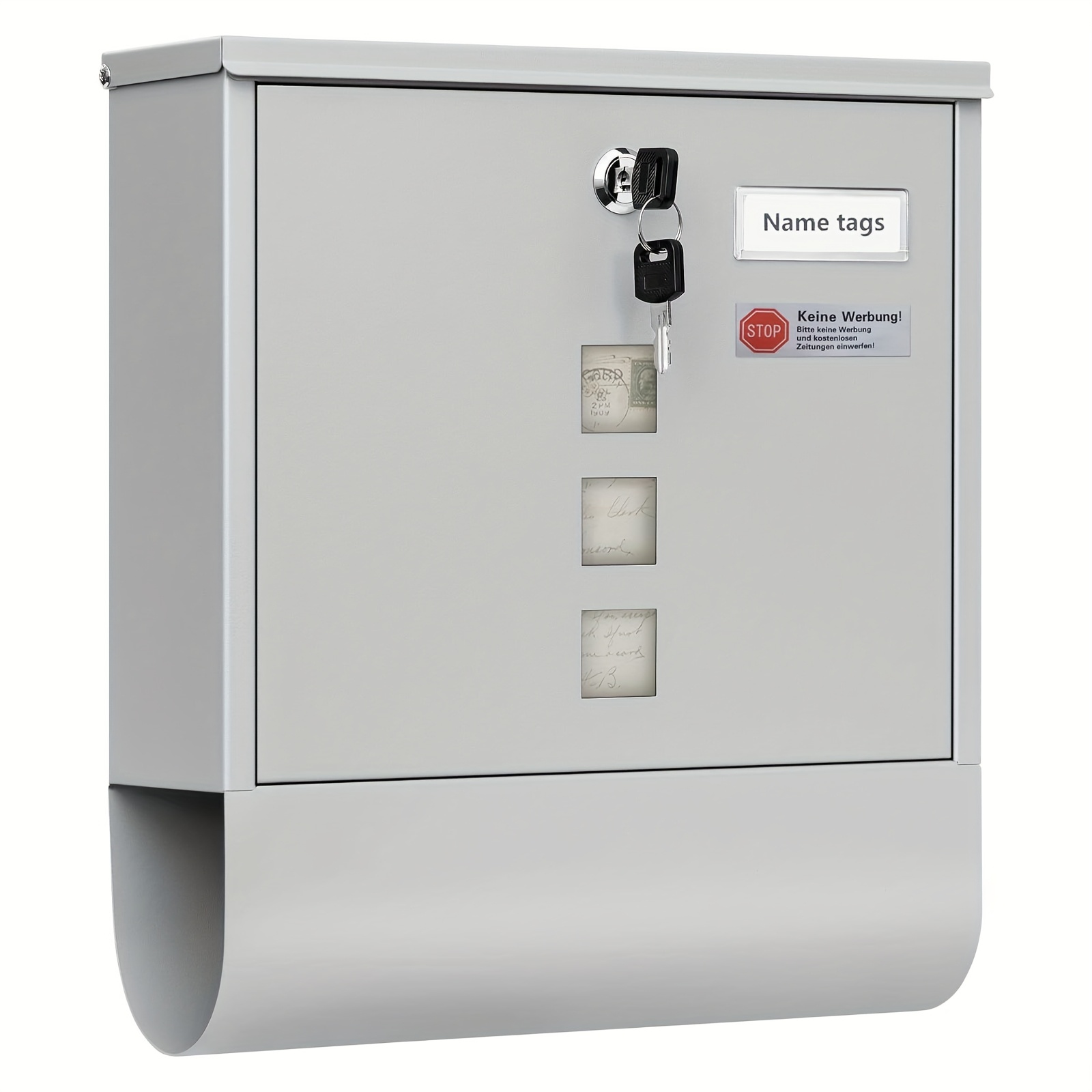 Single Unit Mailbox Featuring A Compartment For Newspapers, Transparent Viewing Panels, A Nameplate, Secure Locking Mechanism, Designed For Wall Installation, With , , Dimensions 33.5 X 30 X 9.5 Cm