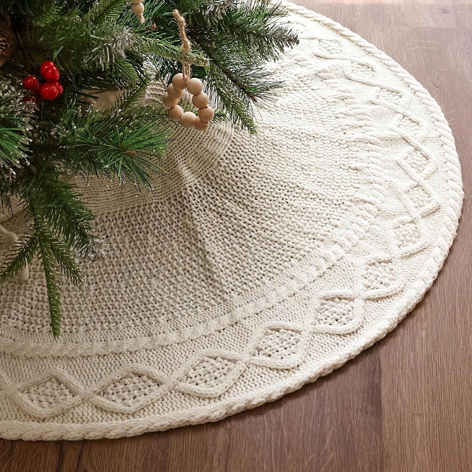 

Rustic Cream White Knitted Christmas Tree Skirt With Diamond - 36" , Polyester, Tie-closure - & Party Decor, Rustic Christmas Decorations