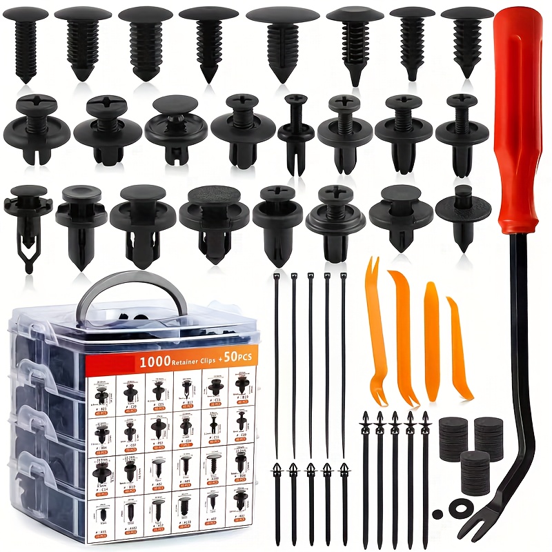изображение предмета 1050 шт. автомобильных пластиковых зажимов, зажимы для кузова, зажимы для бампера с винтовым креплением, зажимы для внутренних панелей и 15 стяжек, включая 2 инструмента для фиксации для toyota, jeep, subaru gm и других моделей автомобилей