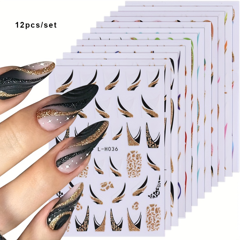 

12pcs/set L-h Stickers For Nails - Sparkling Golden, Black & Multicolor Designs, Self-adhesive Plastic Nail Art Decals, Glossy , Fantasy Theme, Single Use, Nail Art Accessories