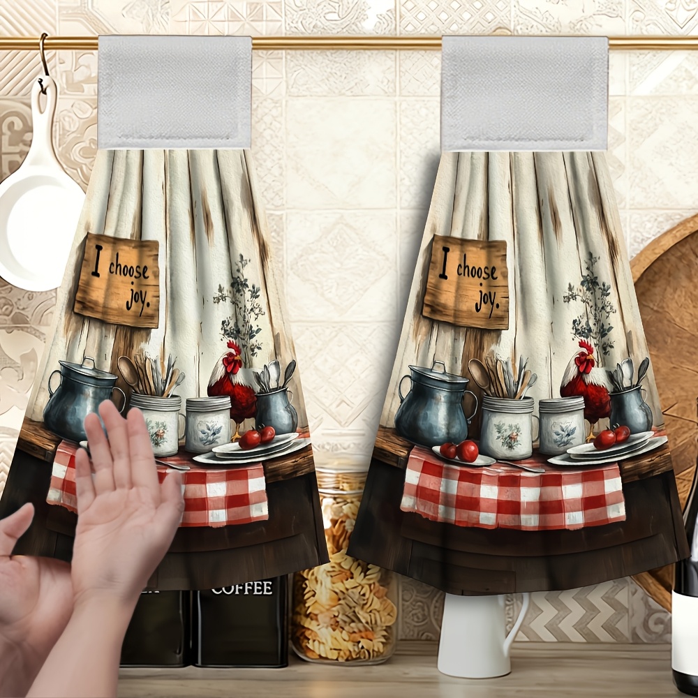 TEMU 2pcs Hanging Hand Towels Kitchen Scene Patterns, Rooster And Cutlery Patterned Finger Towels, Made Of Soft Microfiber, Exquisite , Easy And