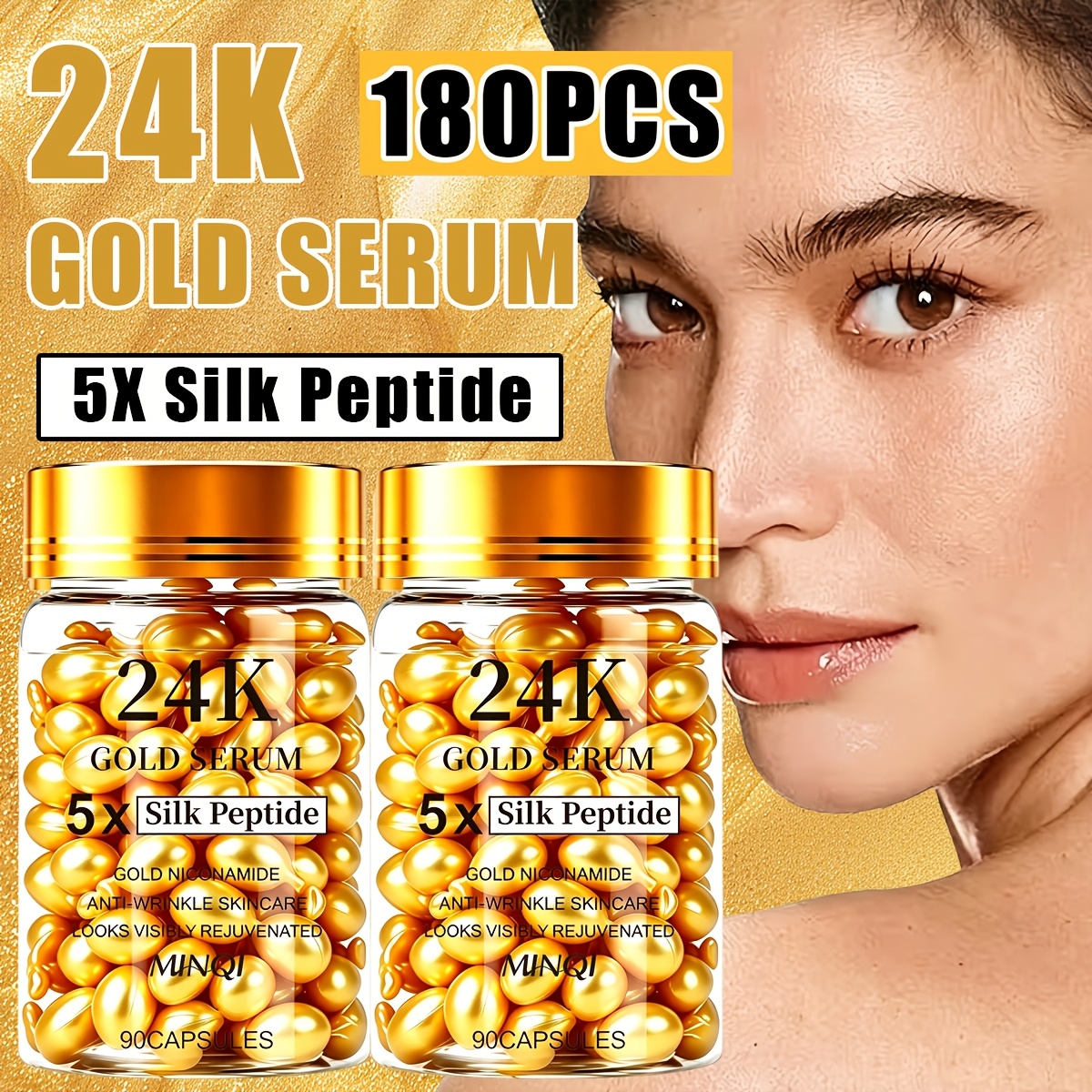 Image of 180 Capsules 24k Plated Serum With 5x Peptide , Skincare With Collagen & Peptide Complex | Skin Tightening And Firming 72h Hydration, Making And Healthy, And Wrinkles On Face & Neck