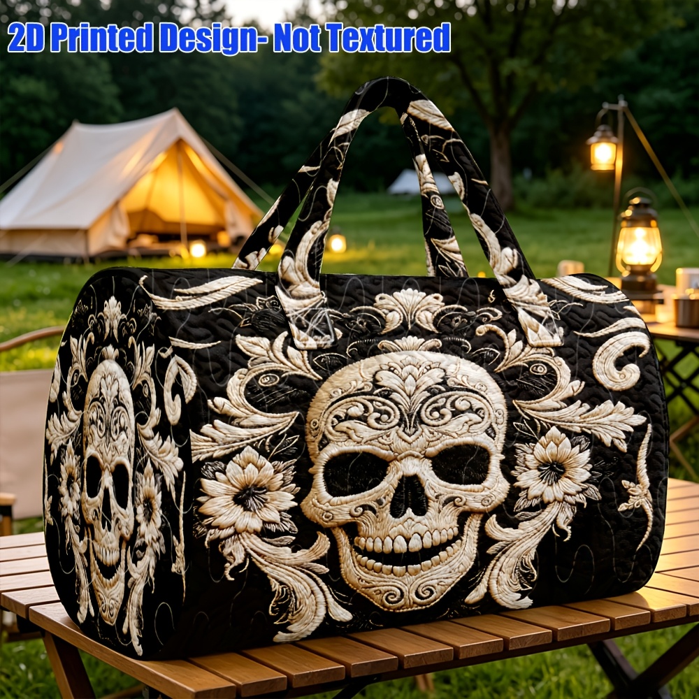 TEMU 1 sac à main cylindrique matelassé d'esthétique rétro , motif floral de crâne baroque, base noire, grand sac de voyage polyvalent pour femmes,