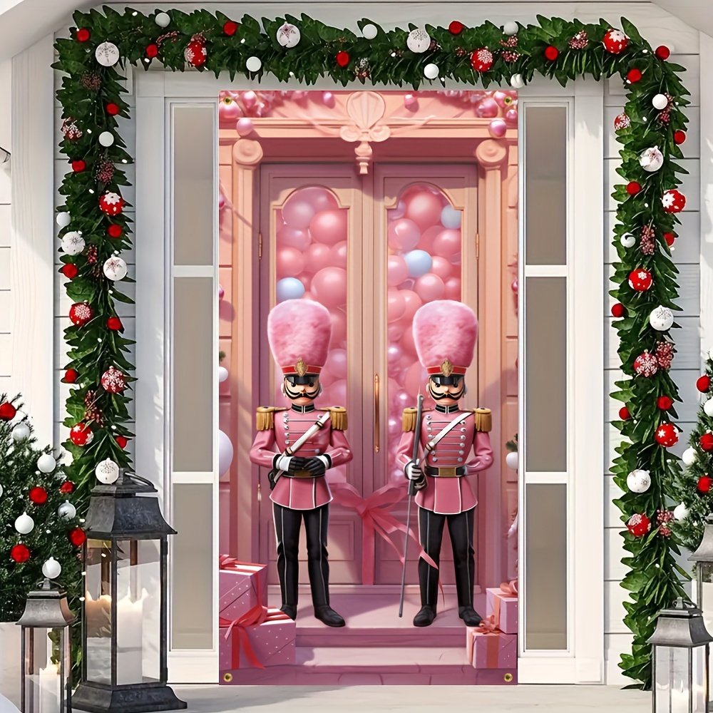 

2d Door Banner 1pc Pink Nutcracker Door Banner, Polyester Christmas Welcome Decoration, Holiday Party Hanging, Carnival Theme, No Electricity Needed, Featherless - 70.8x35.4 Inches