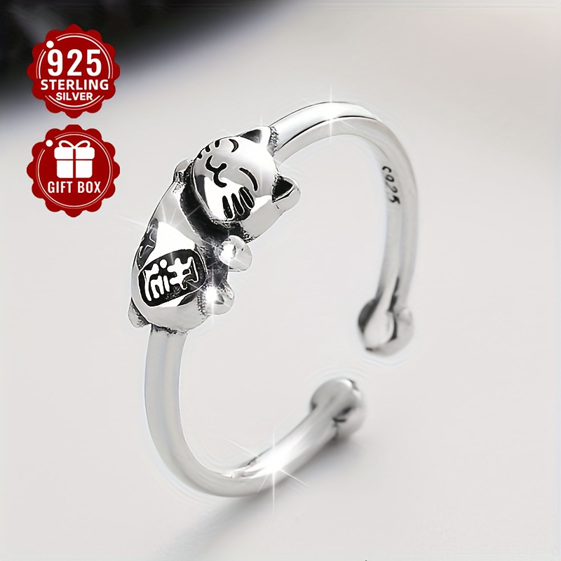 

1pc Bague Ouverte Vintage en Argent Sterling 925 avec Chat Porte-, Style et Personnalisé, Tendance et Polyvalente pour l'Index, Faible Allergénicité, 2.4g