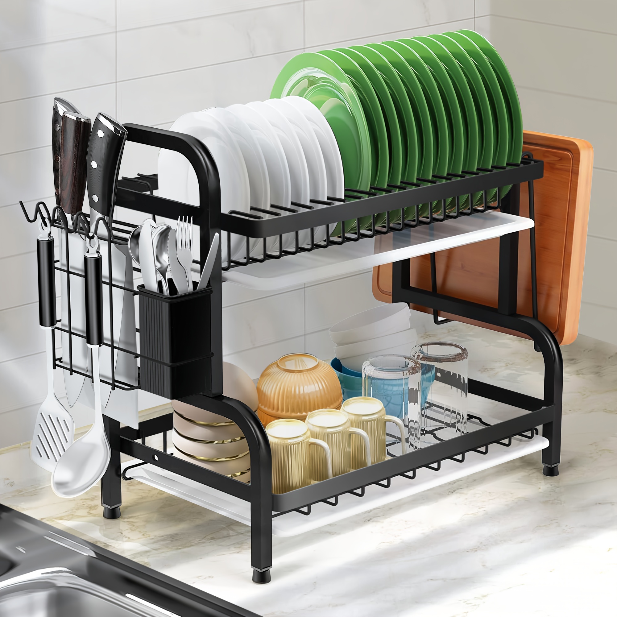 

2-tier Dish Rack For Kitchen, Dish Drying Rack With Drain Board Tray, Compact Dishing Rack With Utensil Holder, Cutting Board Holder, Kitchen Dishes Storage And Organizers