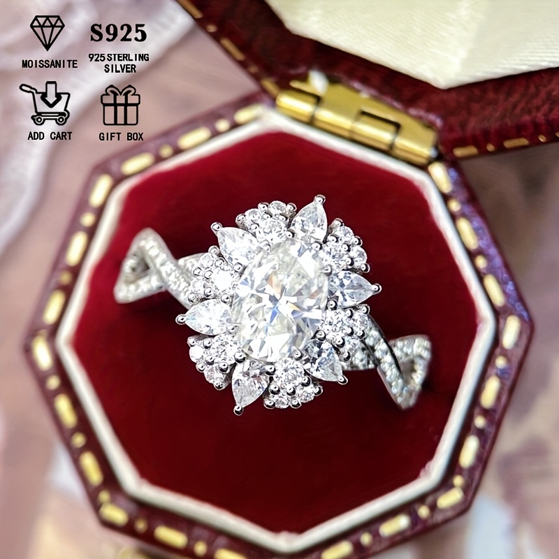 Women's 2-Carat Oval Moissanite Ring, S925 Sterling Silver
