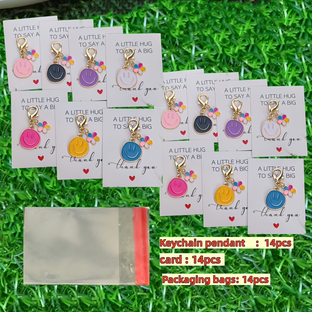 TEMU 42-piece Set: 14 Keychains   14 Thank You Cards   14 Card Packaging Bags. Assorted Colors Cute Cartoon Happy Face Keychain Combo Set, Party