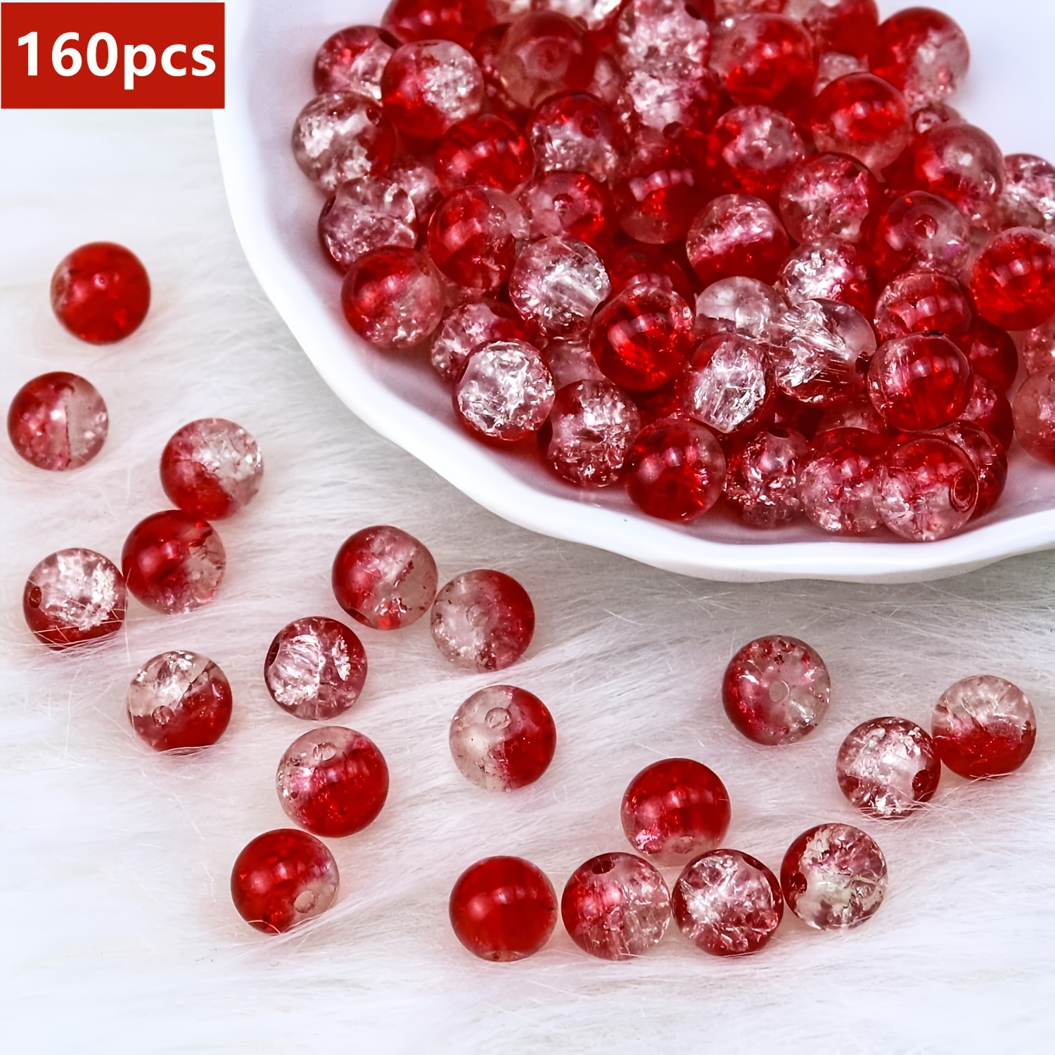 Image of 160pcs 8mm Red White Transparent Crackle Beads With Holes For Bracelet Making, Valentine's Day Jewelry Crafting, Diy Beading Projects