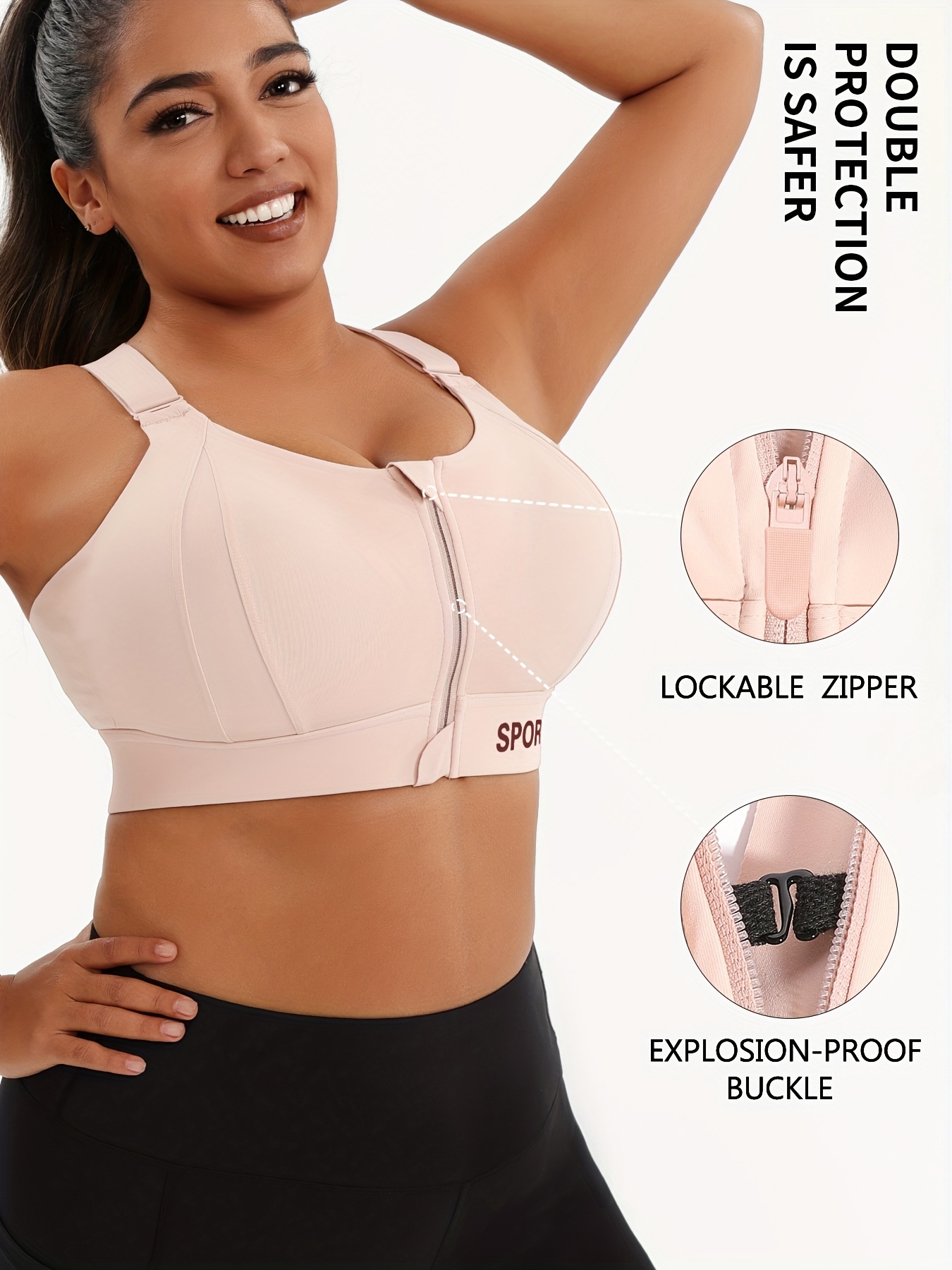 Color: Pink Plus Size Sports Bra with Front Zipper, Pilates Tank Top, Yoga Bra with Chest Pad, Backless Sports Bra, Adjustable Strap High Support Bra, Zipper Fitness Sports Bra with Letters, Yoga Tank Top, Athletic Underwear, Running, Fitness, Cycling